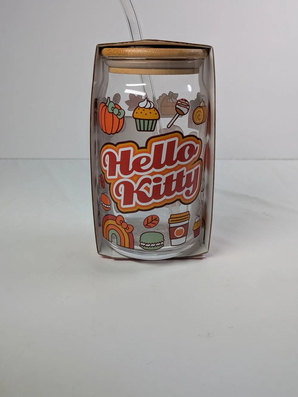 Hello Kitty Pumpkin Spice Glass Tumbler with Bamboo Lid